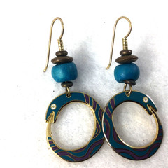 Laurel Burch Snake Spirit Enamel Dangle Earrings Teal Purple Signed Gold Tone