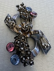 Hobe Sterling Silver Bow Brooch Large 3D Rose Floral Pink Blue Glass Jeweled 3″