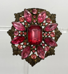 VTG Czech Art Deco Pink Rhinestone stamped Pot Metal filigree Dress Fur clip