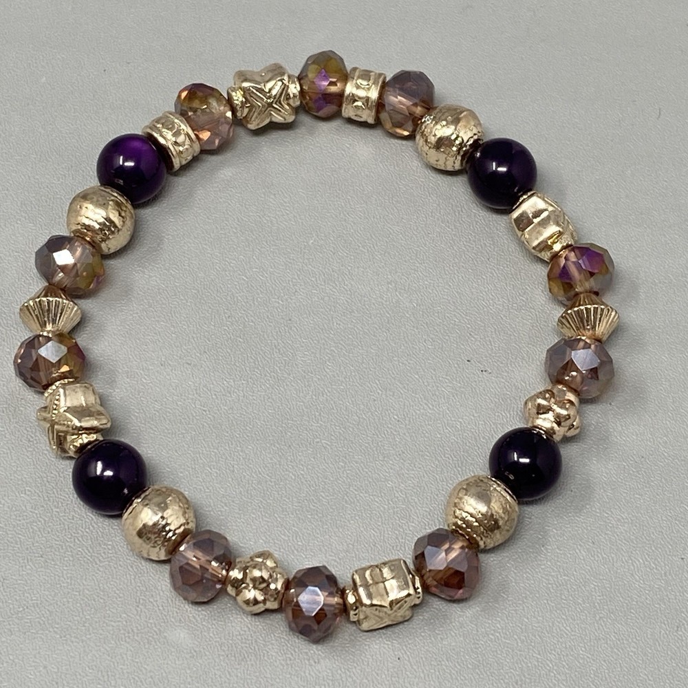 Glass Beaded Bracelet Pink Purple Faceted Fire Polished Acrylic Gold Tone 6.5″