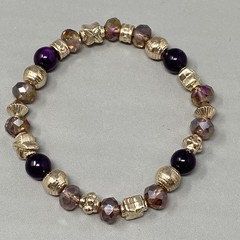 Glass Beaded Bracelet Pink Purple Faceted Fire Polished Acrylic Gold Tone 6.5″