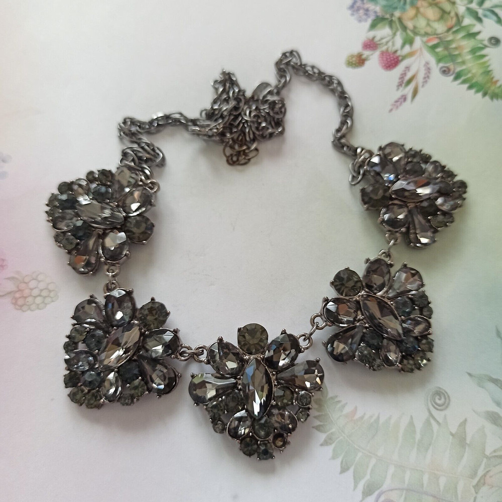 Vintage Smoky Gray Necklace Cocktail Rhinestone Bib Victorian Revival Royal VTG