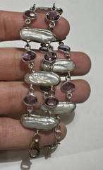 Lavender Amethyst Stone 6″ -7″ White Pearl Beads Silver Vintage 14.3g Bracelet