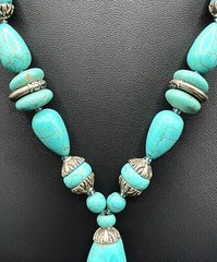 CHINESE TURQUOISE Necklace 70s Tassel Y-Drop 18” Silver Plated Statement #1 EUC