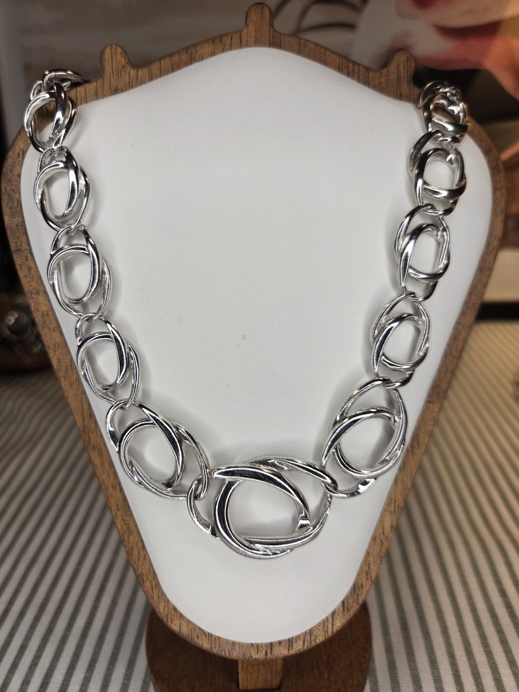 Trifari Signed Silver Tone Oval Link Chain Statement Necklace, Lobster Clasp