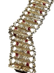Vintage Italian 800 Silver Gold Plated Filigree Panel Bracelet 7.25″ Red Enamel