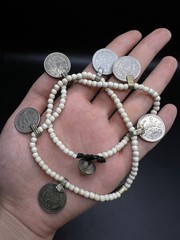 Vintage White Howlite Beaded Coin Necklace, Tribal Boho Necklace, Ethnic Coin