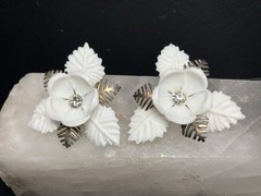 Vintage Mixed Media Clip On Earrings * Plastic * Rhinestone * Metal * White