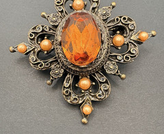 Vintage Filigree Amber Rhinestone Ornate Victorian Style Brooch Antique Gold