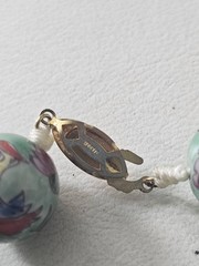 Vintage Chinese Hand Painted Porcelain Bird & Lotus Bead Necklace Silver Clasp