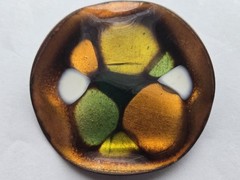 Vintage Mid Century Round Enamel on Copper Brooch Amber, Green, Yellow Abstract