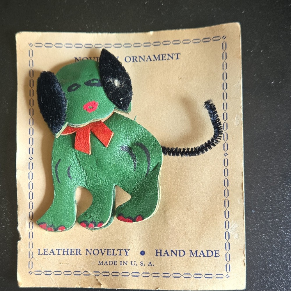 Handmade Leather Dog Brooch Pin, Green/Black/Red, Animal Theme