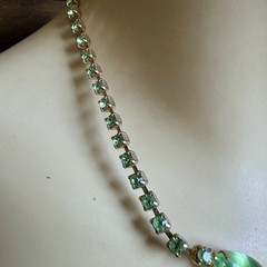 VTG MCM 1950s Necklace 14.5 Inch Green Rhinestone Emerald Glass Cabs Gold Plated