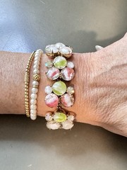 Vintage Signed HOBE’ Bracelet & Earring Set, White & Pink Givre Glass Stones