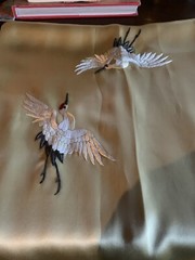 Scarf/Shawl 100% silk, with 2 needlework cranes, approx. 59” x approx. 13 1/2” w