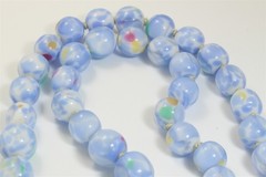 Vintage Mid Century Hand Knotted Blue Confetti Art Glass Bead Necklace 21″ 12mm
