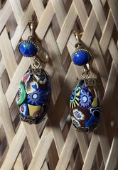 Vintage Murano Millefiori Glass Bead Drip Earrings Gold Tone Twist Back