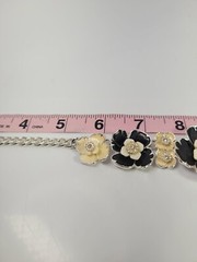 Dana Buchman Enamel Flowers 3 Piece Set Silver Plated Black Cream With Crystals