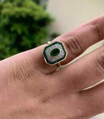Vintage Art Deco Oval Emerald & Lab Created Diamond Halo 925 Silver Wedding Ring