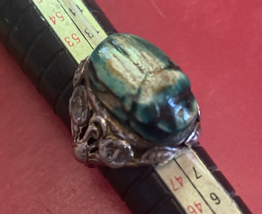 Vintage Egyptian Revival Blue Winged Scarab Beetle Sterling Silver Ring Size 5