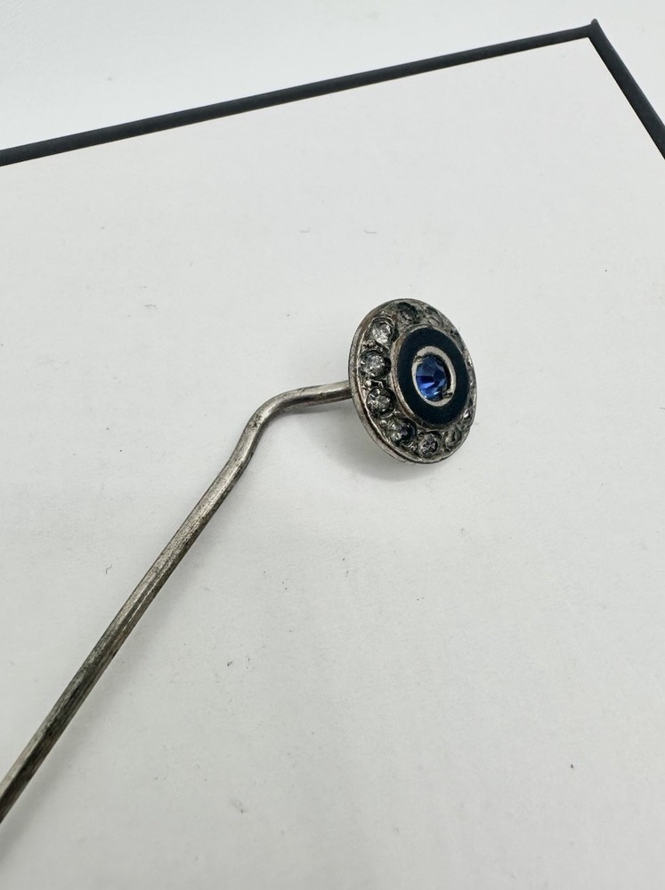 Antique Silver Tone Hat Stick Pin White Blue Glass Stones Unsigned Estate Read