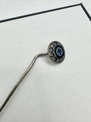 Antique Silver Tone Hat Stick Pin White Blue Glass Stones Unsigned Estate Read