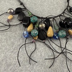 Teresa Goodall Vintage Resin Glass Bead Necklace Linen Cord Signed Boho Jewelry