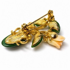 Jade Coral Pearl Brooch Pin Vintage Gemstone Jewelry