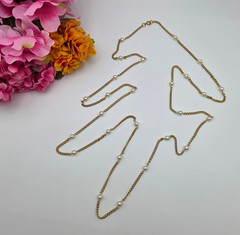 Vintage Gold Tone White Faux Pearl Station Necklace 53 In Long Cable Chain