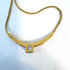 Vintage Genuine Blue Topaz Gemstone Necklace Rhinestones Gold Tone 17″
