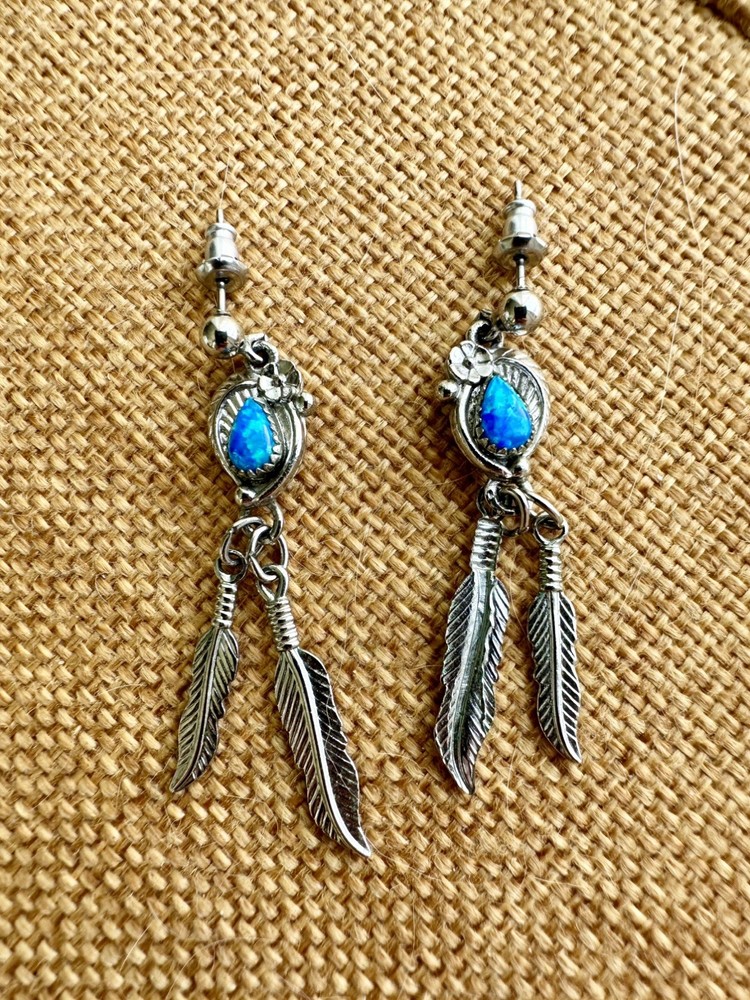 WM Wheeler Silver Tone Blue Opal Dangle Post Earrings Southwest Native Feathers