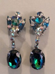 DeLizza Elster Juliana Blue Green Rhinestone Brooch Earrings Verified Authentic