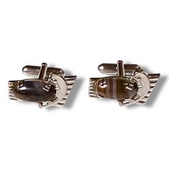Vintage Anson Cufflinks Mens Silver Tone Brown Glass Art Deco Bullet Back