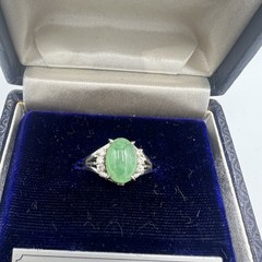 Vintage Pt850 Solid Platinum Green Jadeite Diamond Ring 5.5g Size 6.25 Japan
