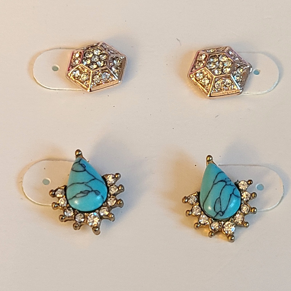 NWT M Haskell Earring Set 2 Pairs Pave Crystal Hexagon & Faux Turquoise Sunburst