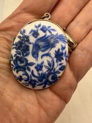 Vintage Blue Bird Locket Floral Delft Revival Pendant Silver Tone c. 1940