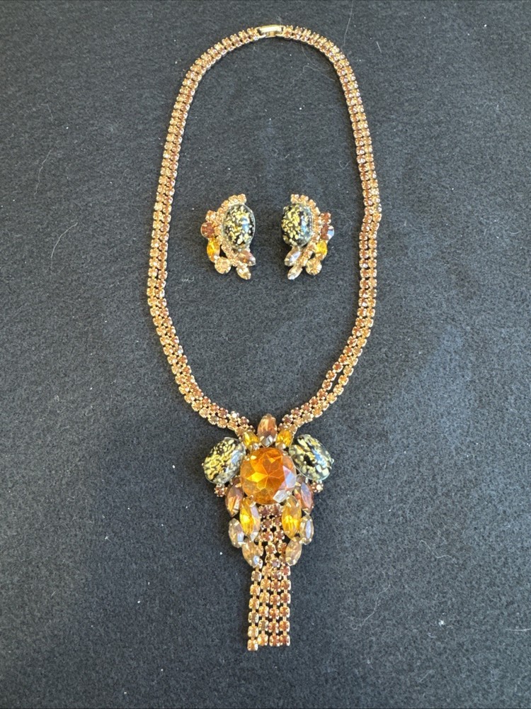RARE Vintage Albert Weiss Cats Eye 19” Necklace Earring Set 1950’s
