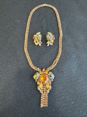 RARE Vintage Albert Weiss Cats Eye 19” Necklace Earring Set 1950’s