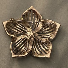 Vintage Silver Tone Flower Brooch With Black Bead Outlines 2.25” Diameter Goth