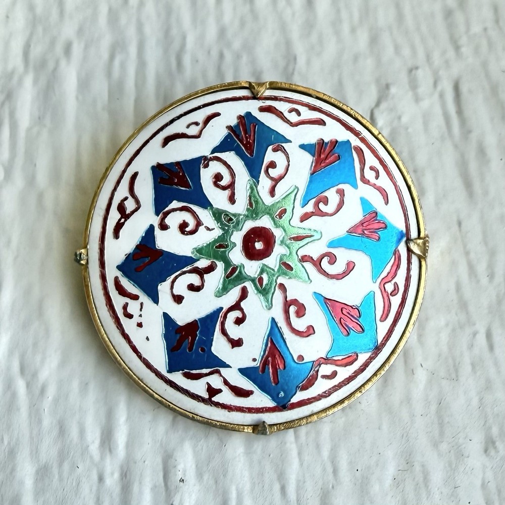 Vintage Metallic Enamel Trombone Clasp Geometric Pattern Gold Tone Brooch Pin