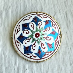 Vintage Metallic Enamel Trombone Clasp Geometric Pattern Gold Tone Brooch Pin