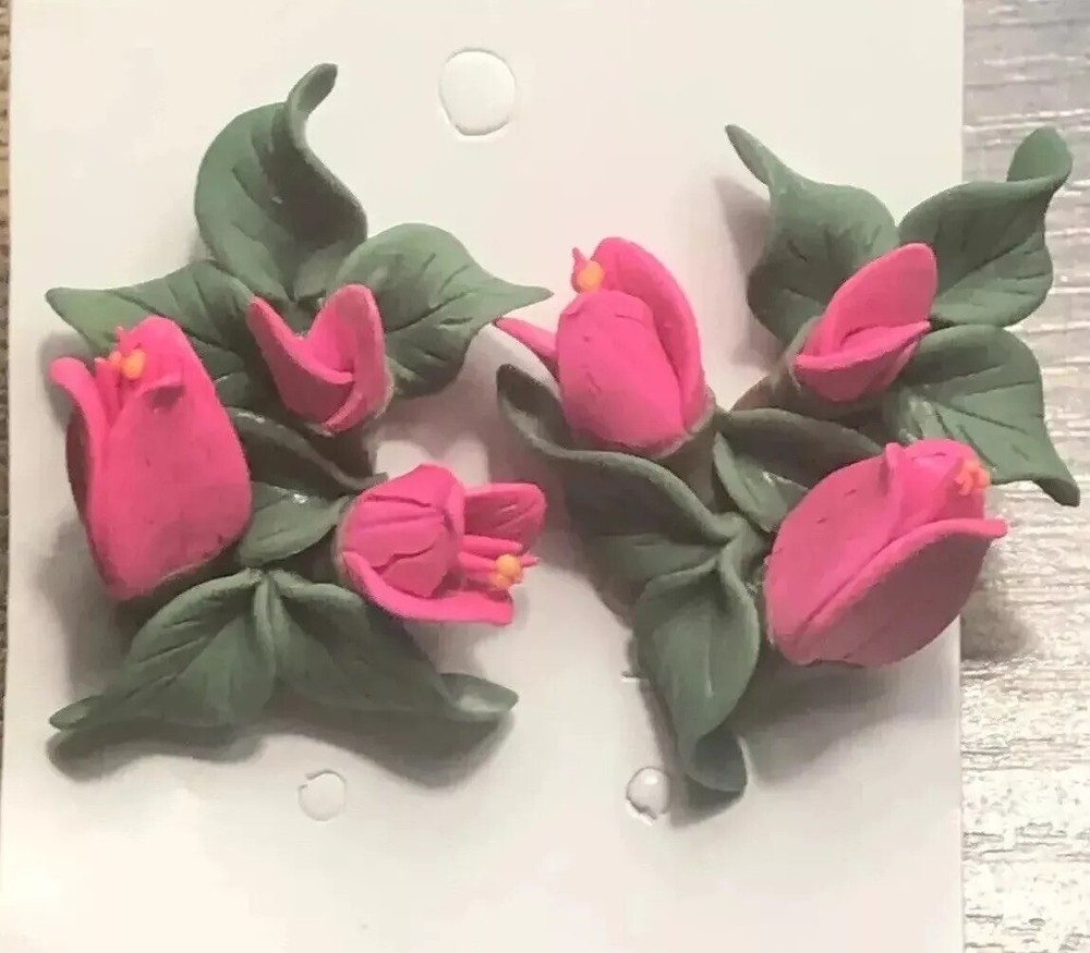 Vintage Post Earrings Pink Polymer Clay Flowers Rose Bush New