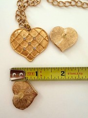 Lady Remington Heart w Rhinestones Necklace & Pierced Earrings Gold Tone Set IOB
