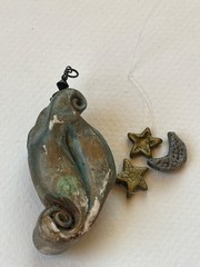 Handmade Green & Gold Polymer Clay Celestial Face & Star & Moon Charms Pendant –