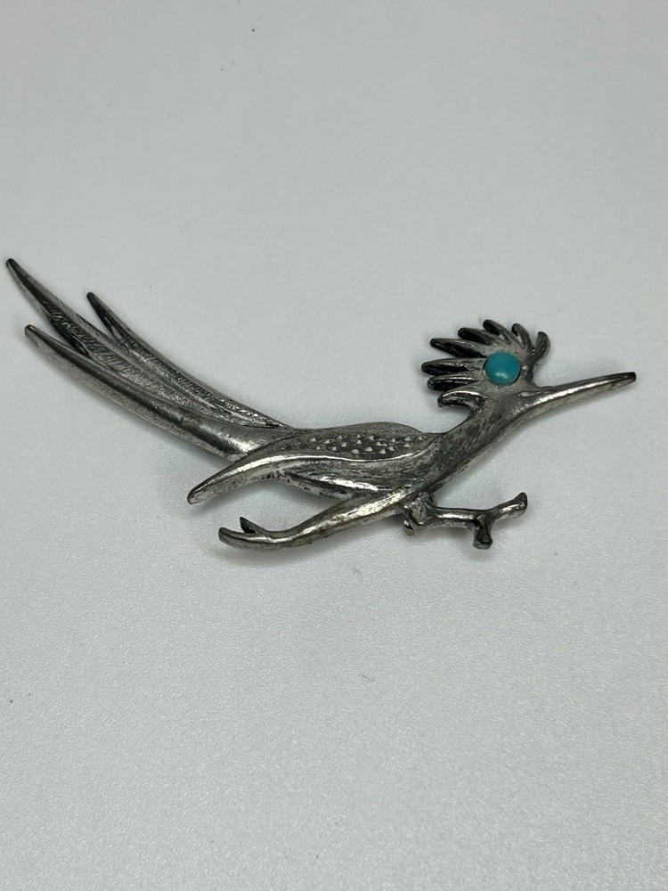 VTG J. Ritter Silver Tone 2 1/2” Figural Road Runner Turquoise Eye Southwest Pin