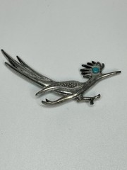 VTG J. Ritter Silver Tone 2 1/2” Figural Road Runner Turquoise Eye Southwest Pin