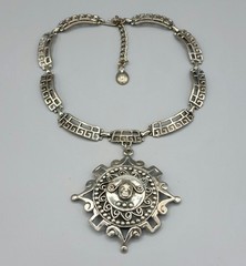 1970-80s Silver Tone Greek Key Revival Helios Sun God Face Pendant Necklace