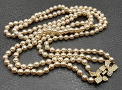 KJL Kenneth Jay Lane Faux Pearl Double Strand Opera 36” Long Necklace Rhinestone