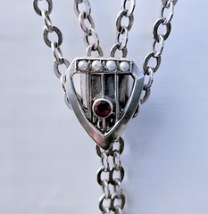 Victorian .800 Silver 57″ Guard Chain Watch Pendant Necklace Garnet Pearl Slide