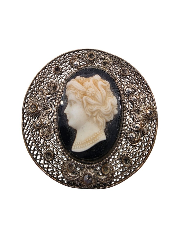 Antique Czechoslovakia Black Glass Left Facing Cameo Filigree Brooch Jewelry